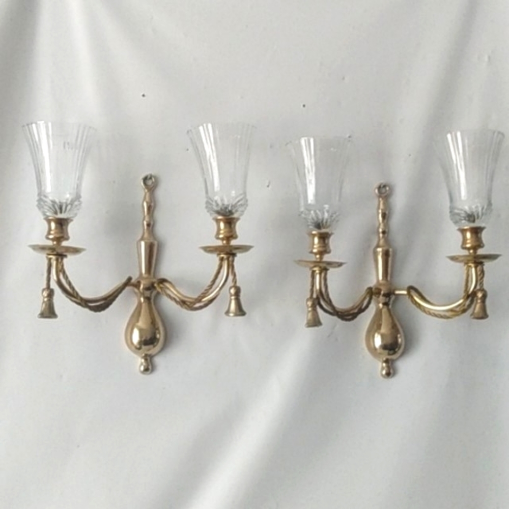 Solid Brass double candleholders with tassels & 4 Renaissance votives included
